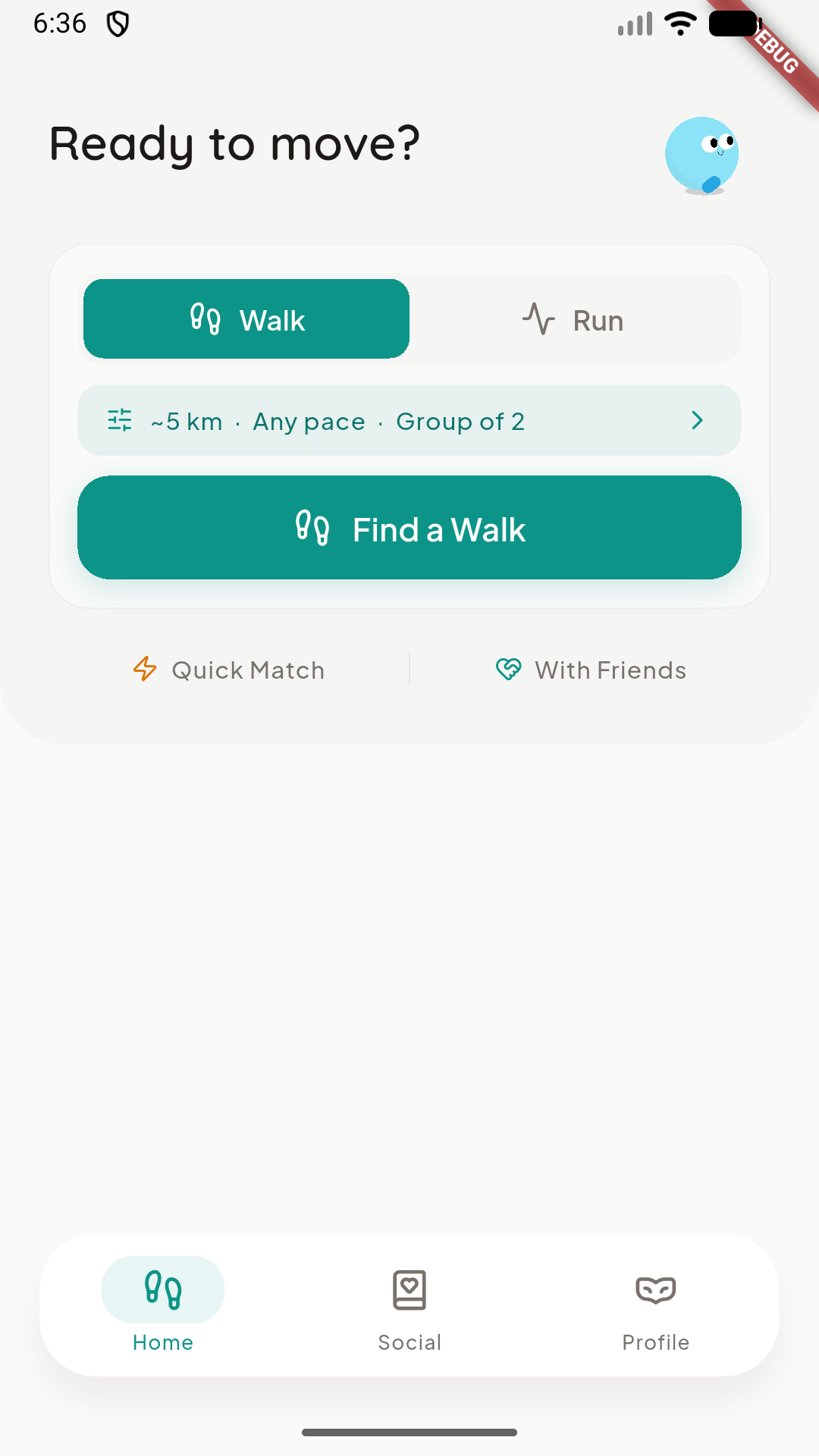 Pace home screen — find a walk or run